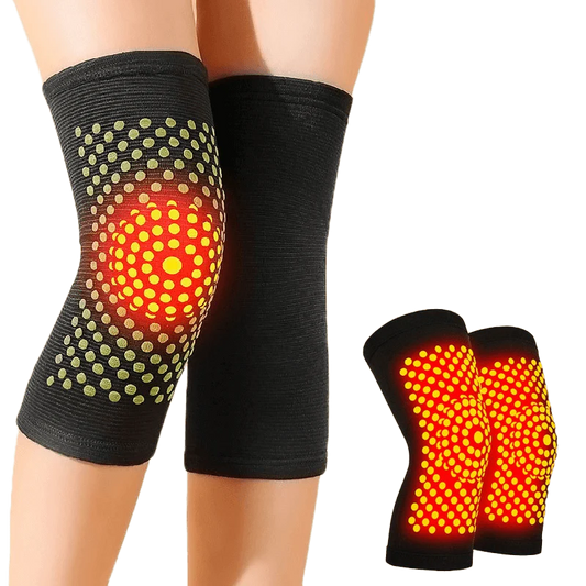Person wearing thermal knee support sleeves with glowing red therapy zones, designed for pain relief and warmth. Perfect as Thermal Knee Warmers or Knee Warmers, ideal for those seeking the best knee warmer for winter.