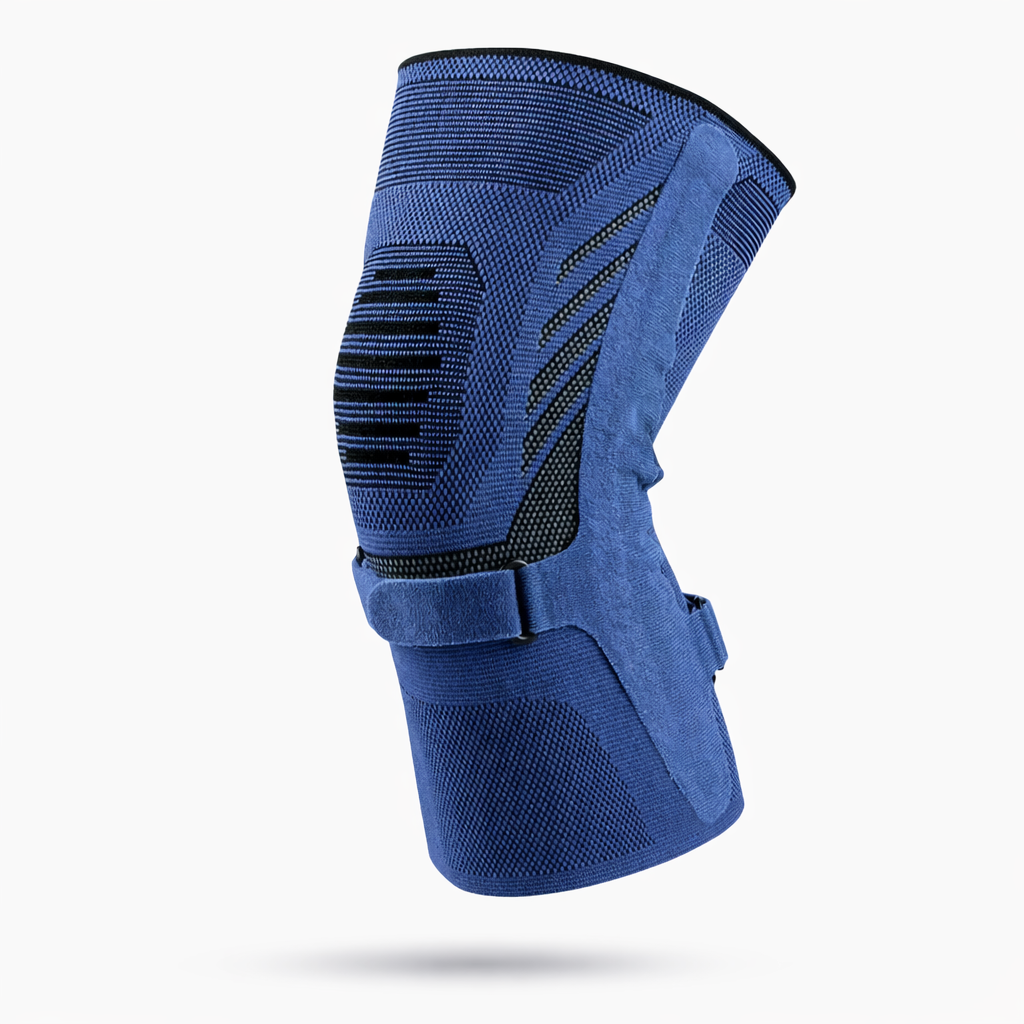 Blue knee brace with black accents on a white background
