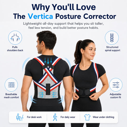 Man and woman wearing the Vertica posture corrector, showing breathable mesh, adjustable straps, shoulder support and a discreet fit for desk work, daily wear and under clothing.