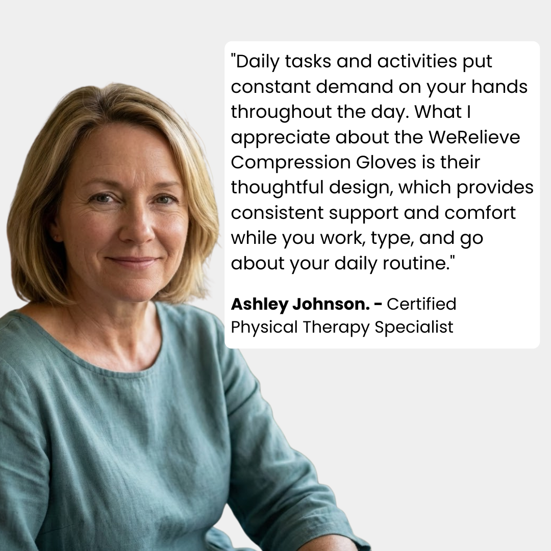 Physical therapy specialist recommending compression gloves for arthritis support, hand pain relief, and improved comfort during daily activities.