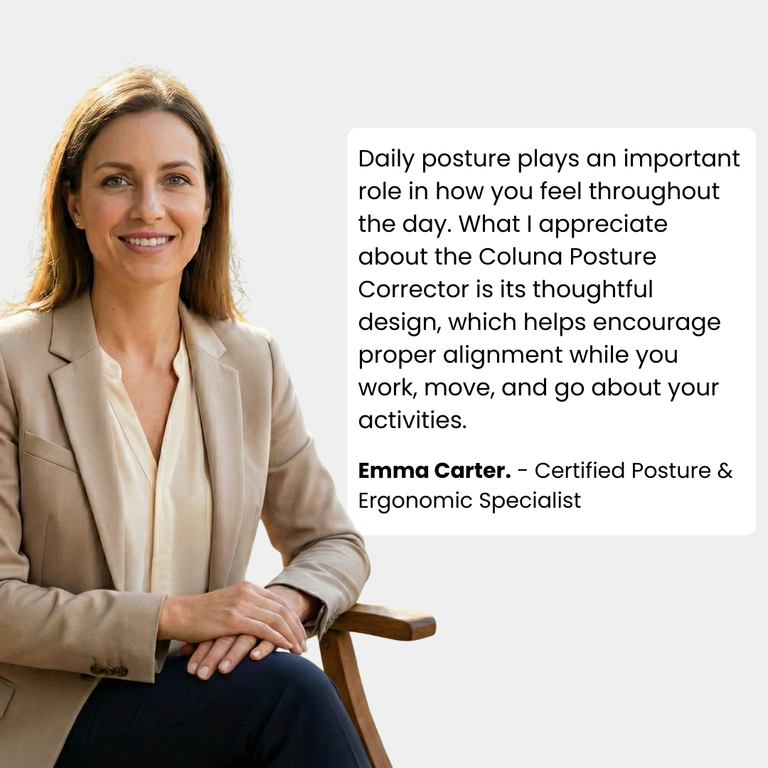 Certified posture and ergonomic specialist explaining the benefits of the Coluna posture corrector for supporting spinal alignment and encouraging better daily posture habits.