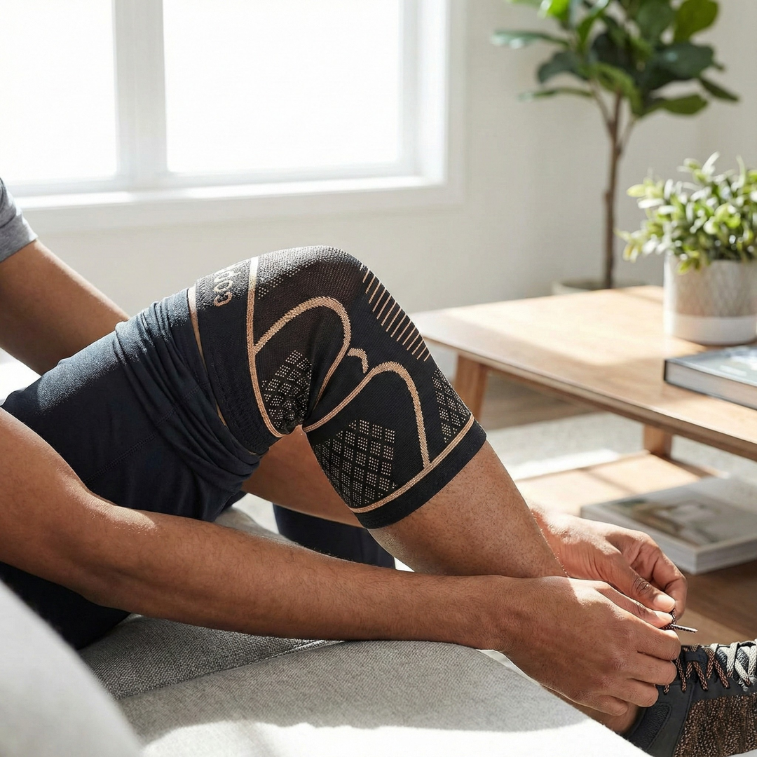 Person wearing a copper knee compression sleeve while sitting and adjusting shoes, highlighting comfortable knee support, stability, and everyday joint protection.