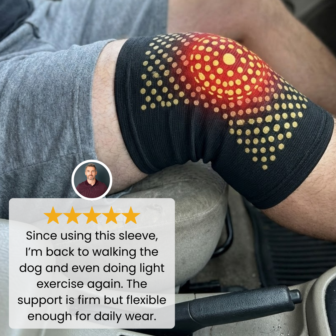 Thermal knee support worn while seated with a highlighted heat area and an overlaid customer testimonial graphic.