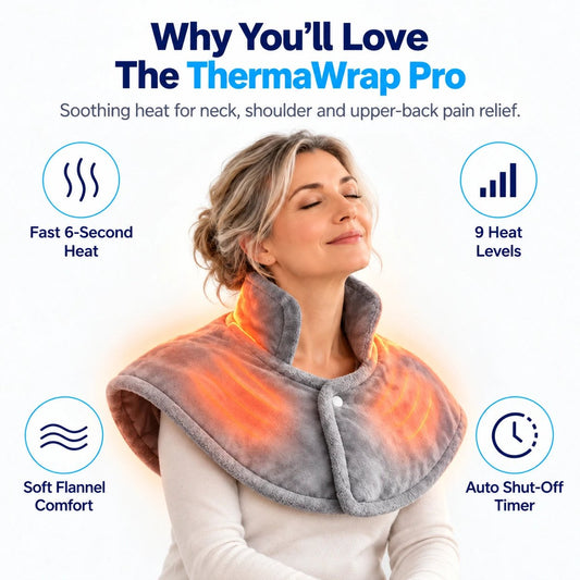 ThermaWrap Pro grey heating wrap with fast heat, nine heat settings, soft flannel and automatic shutoff.