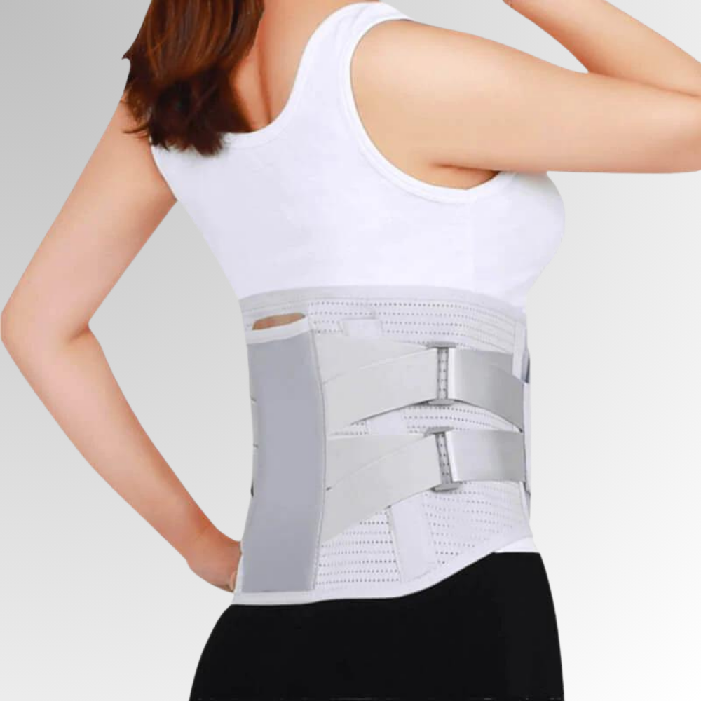Side view of a woman wearing the WeRelieve lumbar support belt designed to stabilize the lower back and provide adjustable back brace support.