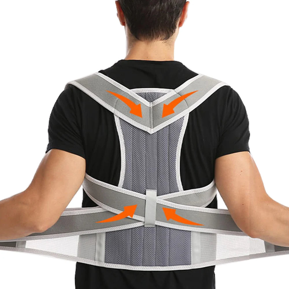 Man wearing a back posture corrector with adjustable straps, designed as a posture corrector and back brace for posture support, ideal for correcting bad posture and relieving back pain, also used as a belt for supporting back.