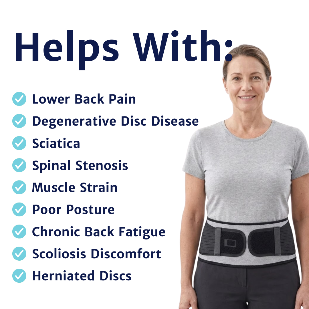 back brace worn while standing with full waist coverage visible from the front