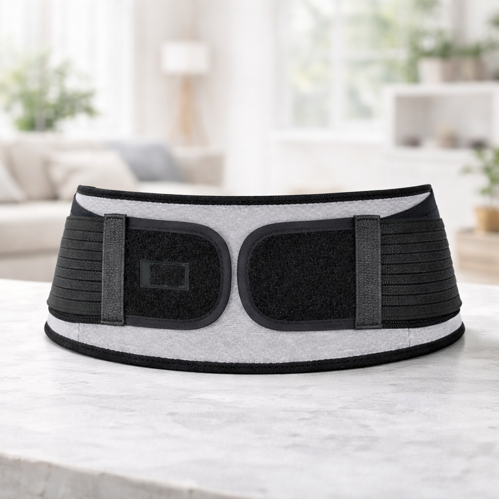 back support belt shown alone laid flat with elastic panels and front fastening visible