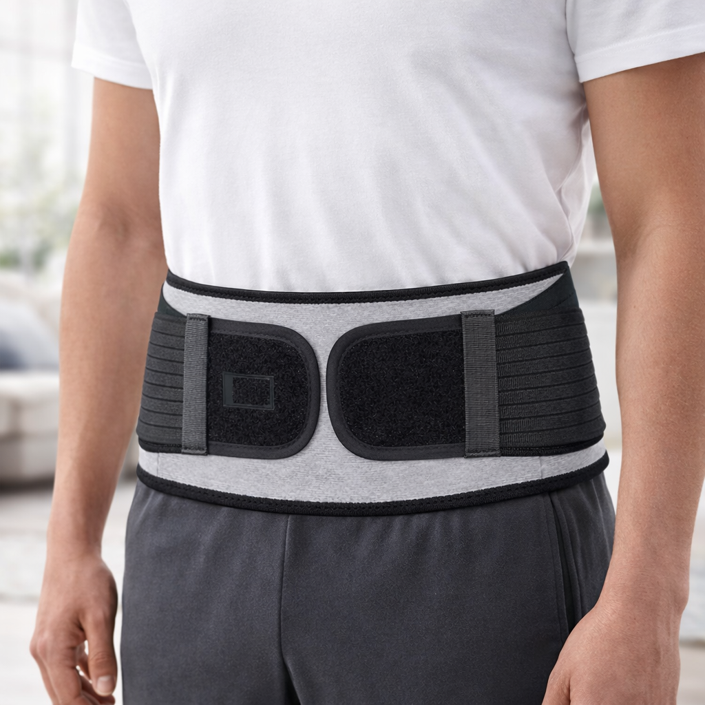back brace worn on the lower torso with adjustable wrap closure visible from the front