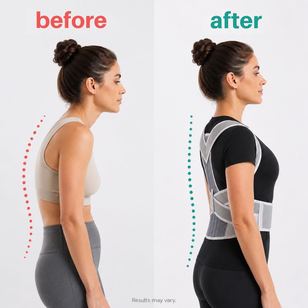 Before and after posture comparison showing slouched posture versus improved upright posture while wearing the Coluna posture corrector back brace.