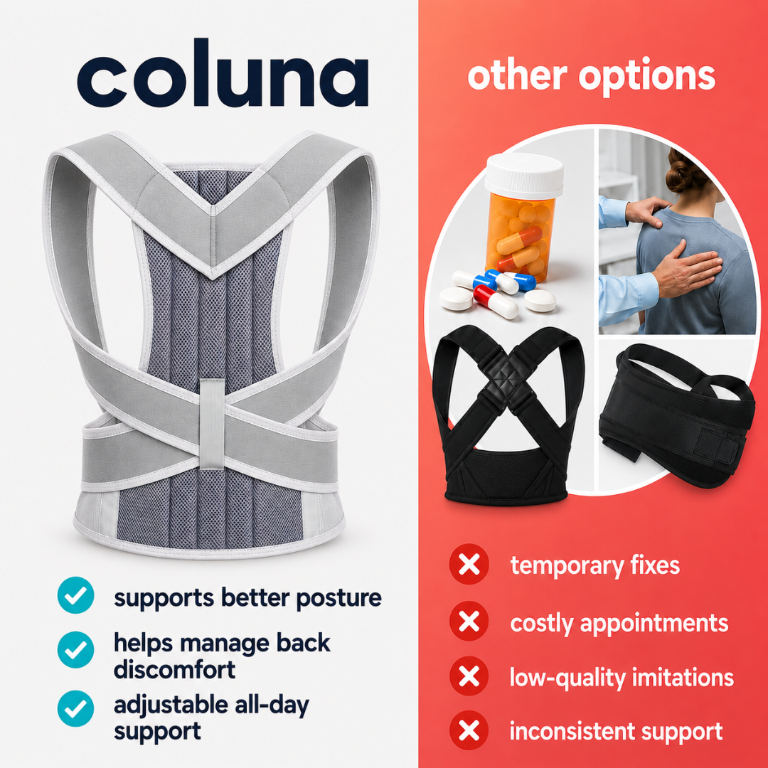 Coluna posture corrector shown against other options like temporary fixes, costly appointments, low-quality posture braces, and inconsistent back support.