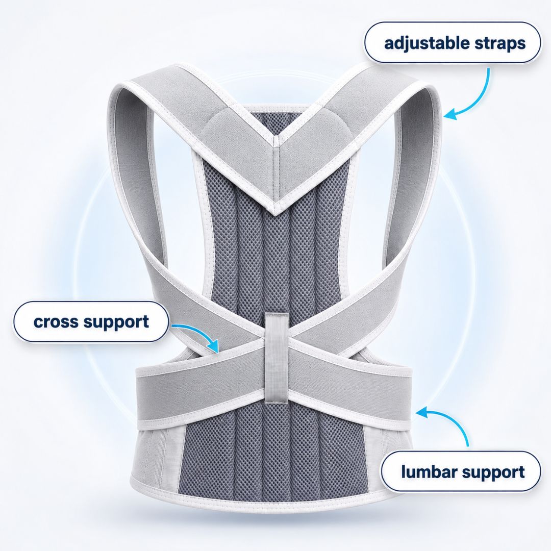 Coluna posture corrector feature graphic showing adjustable straps, cross support, breathable mesh back panel, and lumbar support for daily posture support.