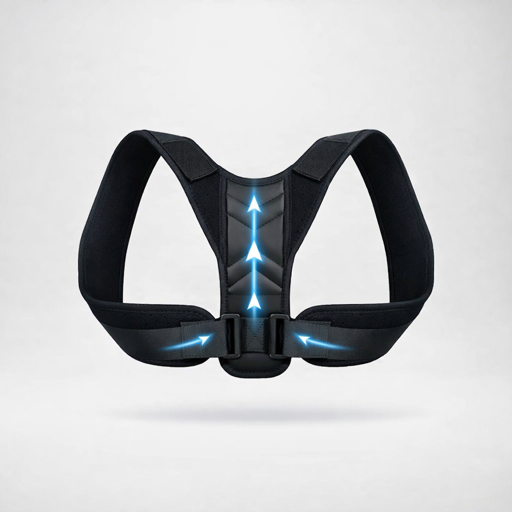 Posture corrector shown alone with padded shoulder straps and visual arrows indicating the central back support area.