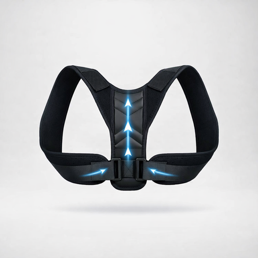 Posture corrector shown alone with padded shoulder straps and visual arrows indicating the central back support area.