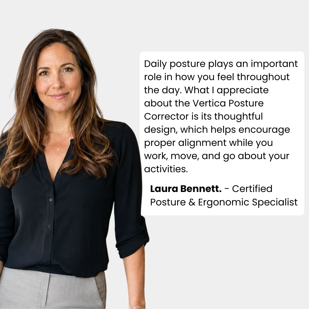 Promotional graphic featuring a woman identified as Laura Bennett, Certified Posture and Ergonomic Specialist, beside a quote about the Vertica posture corrector encouraging alignment during daily activities.