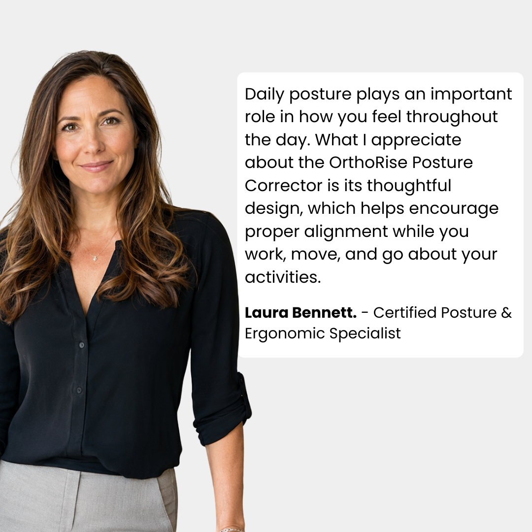 A woman in a black blouse and light gray pants stands beside a white text panel with a quote from Laura Bennett, Certified Posture & Ergonomic Specialist.
