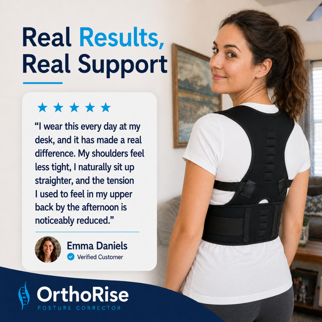 A woman wearing a black OrthoRise posture corrector back brace is shown from the back in an indoor setting. The image includes promotional text reading 'Real Results, Real Support' and a customer review box with the name Emma Daniels.