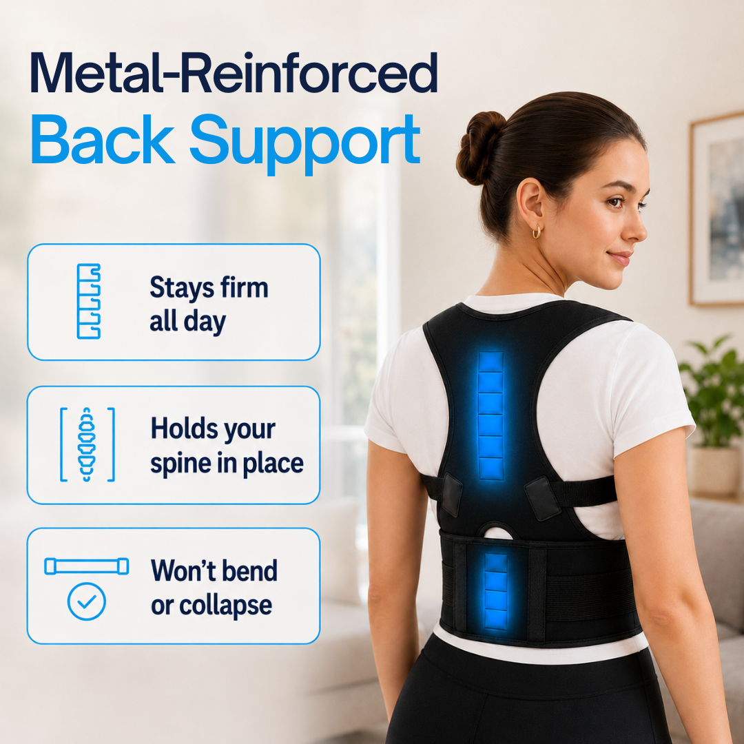 A woman shown from the back wearing a black metal-reinforced back support brace with glowing blue light panels. The image includes marketing text and feature callouts: 'Metal-Reinforced Back Support,' 'Stays firm all day,' 'Holds your spine in place,' and 'Won't bend or collapse.