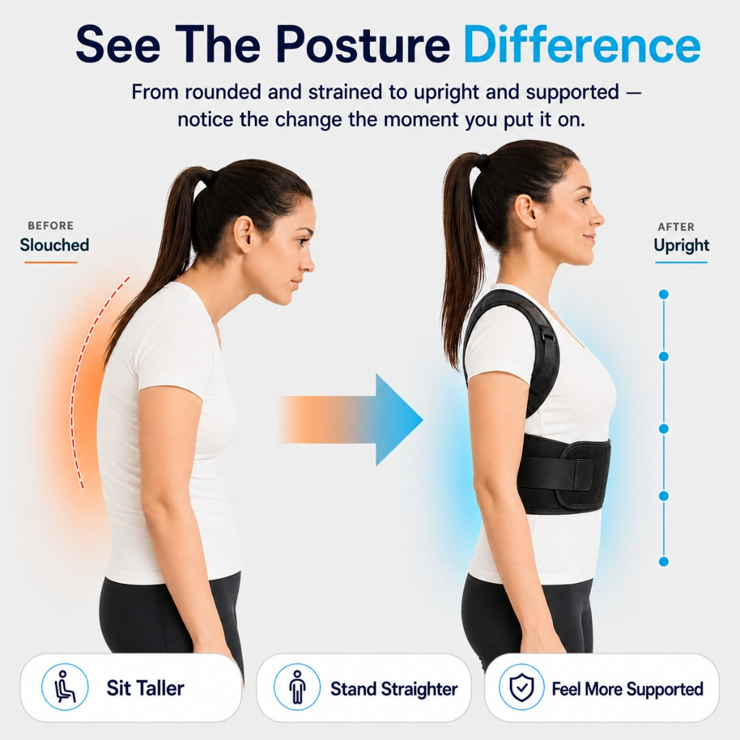 Back brace for poor posture – before and after of a woman shown slouched, then upright wearing the OrthoRise back brace, with labels for sit taller, stand straighter and feel more supported.