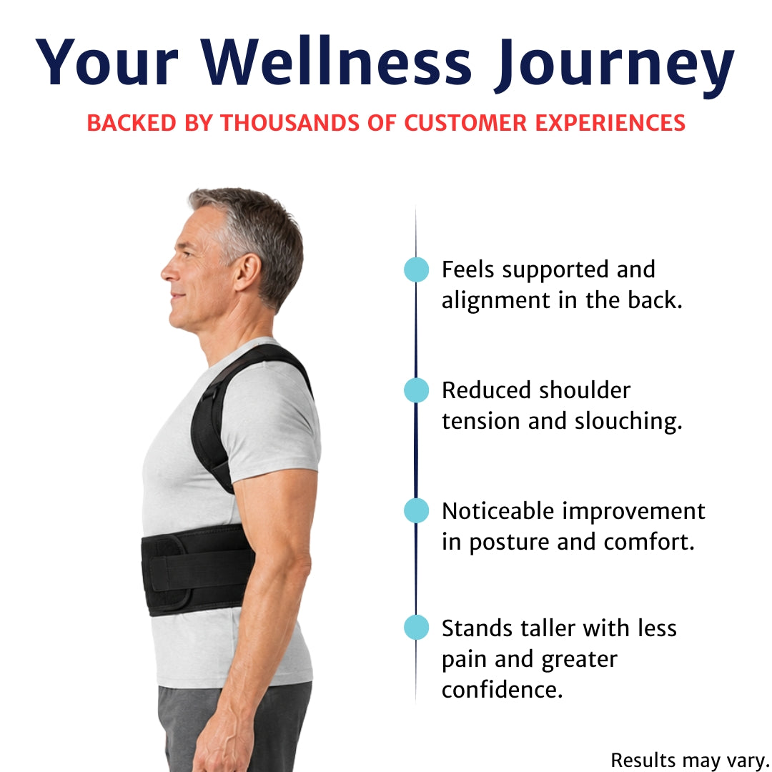 Back support for poor posture – OrthoRise worn from the side by an older man, with a benefits list covering back support, reduced shoulder tension and standing taller. Results may vary.