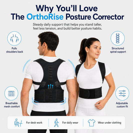 Posture and back support brace – OrthoRise worn by a man and woman, with feature icons for pulls shoulders back, structured support, breathable comfort and adjustable fit.
