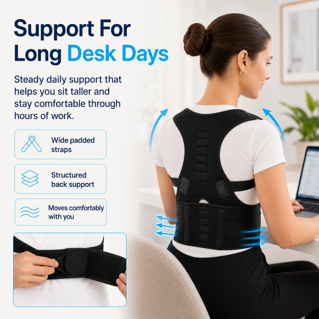Back support for bad posture – woman wearing the OrthoRise back brace while working at a laptop, with feature callouts for wide padded straps, structured support and comfortable movement.