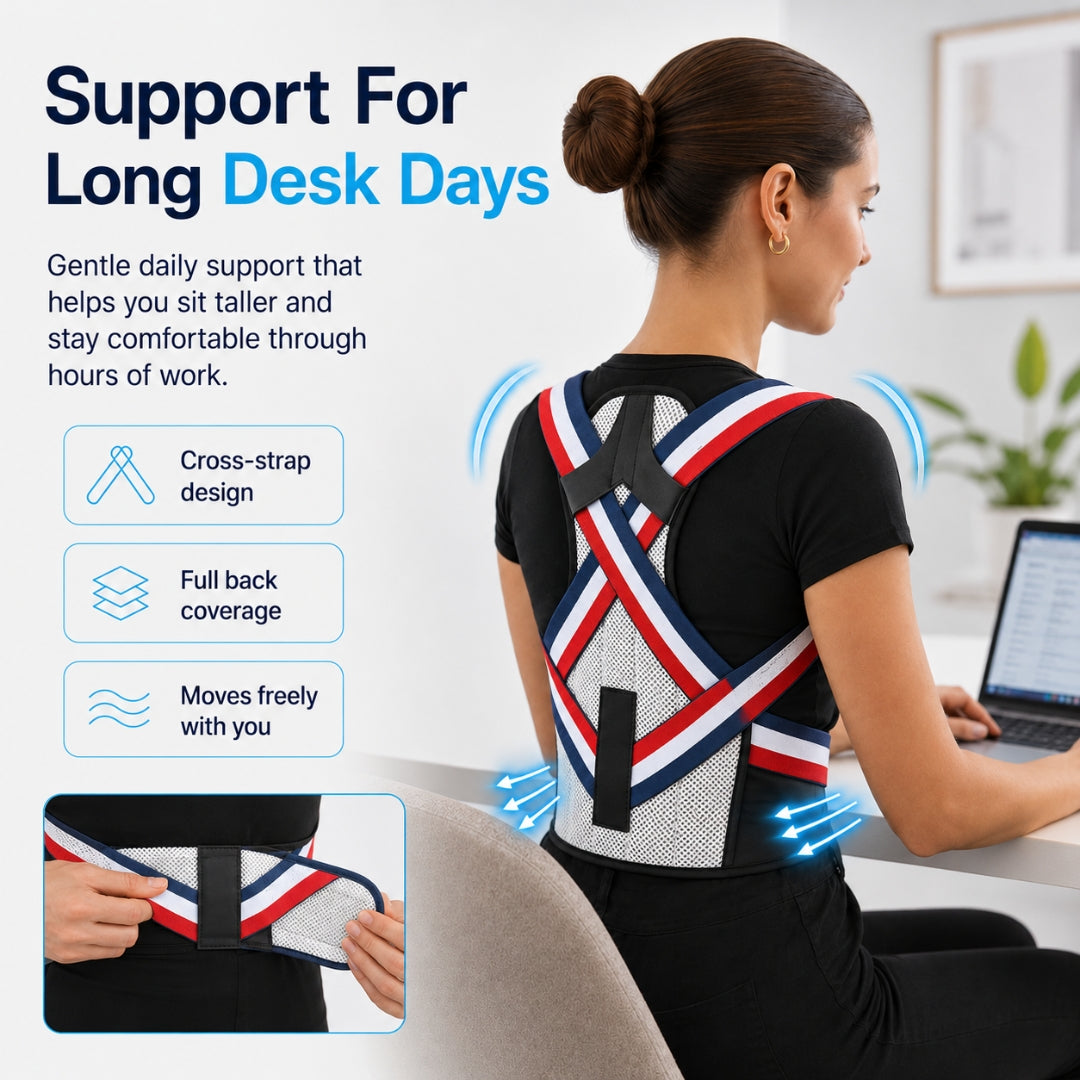 Woman wearing the Vertica posture corrector while working at a desk, showing adjustable cross straps, breathable full-back support and a flexible fit for long sitting.