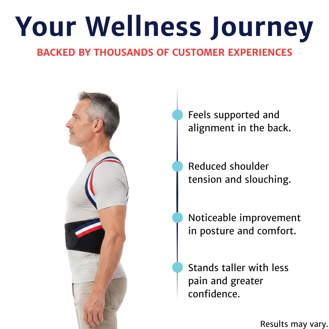 Side view of a man wearing the Vertica posture corrector, with customer-reported benefits including reduced slouching, improved alignment, shoulder support and greater comfort.