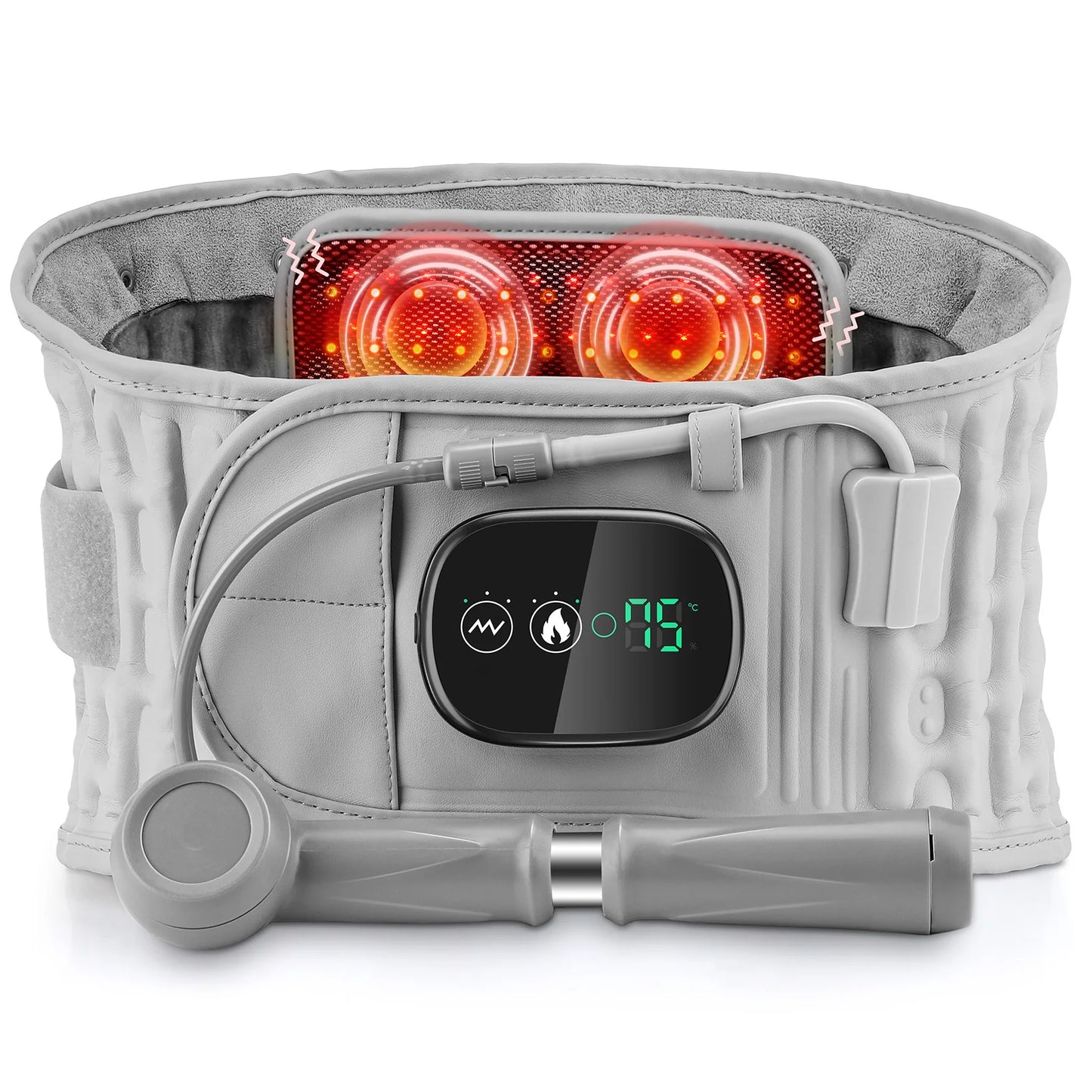 back massager shown as a heated waist wrap with control panel and visible heating elements