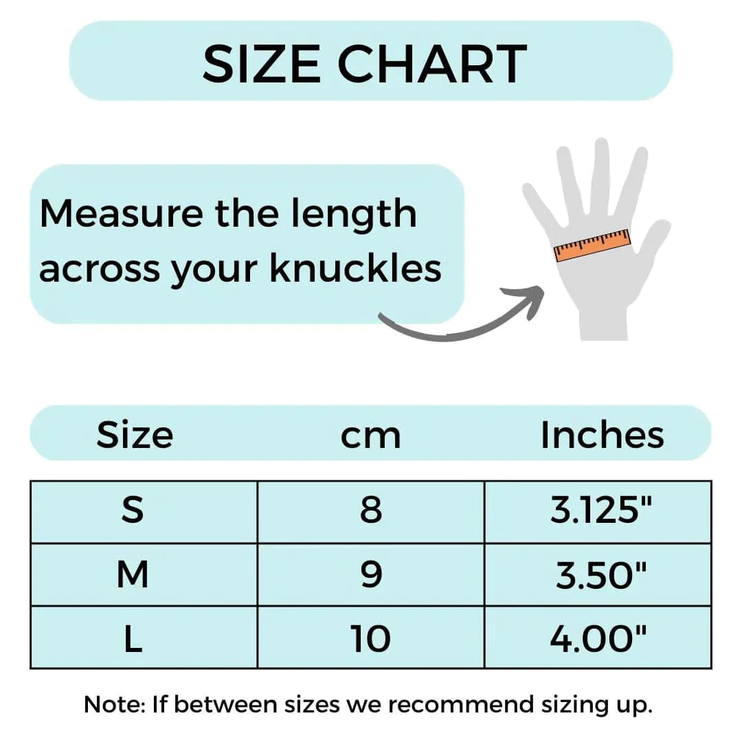 Size chart for compression gloves, showing measurements across knuckles to select the best fit for hand compression gloves, gloves for arthritis in the hands, and compression gloves for hand swelling.