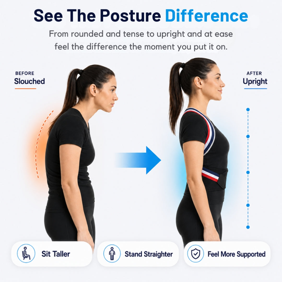 Before-and-after comparison of a woman slouching and then standing upright while wearing the Vertica posture corrector for shoulder and back support.