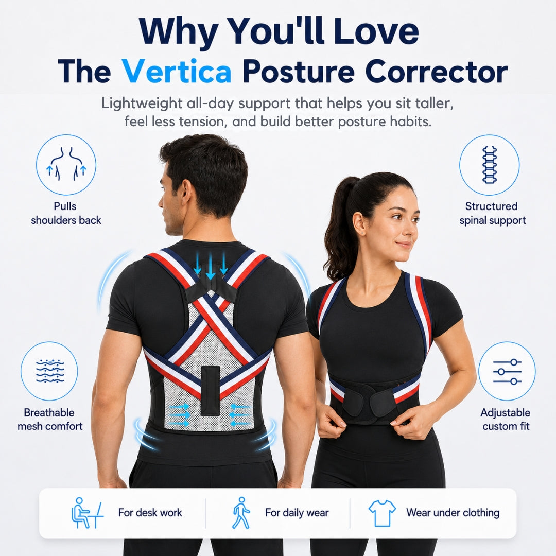 Man and woman wearing the Vertica posture corrector, showing breathable mesh, adjustable straps, shoulder support and a discreet fit for desk work, daily wear and under clothing.
