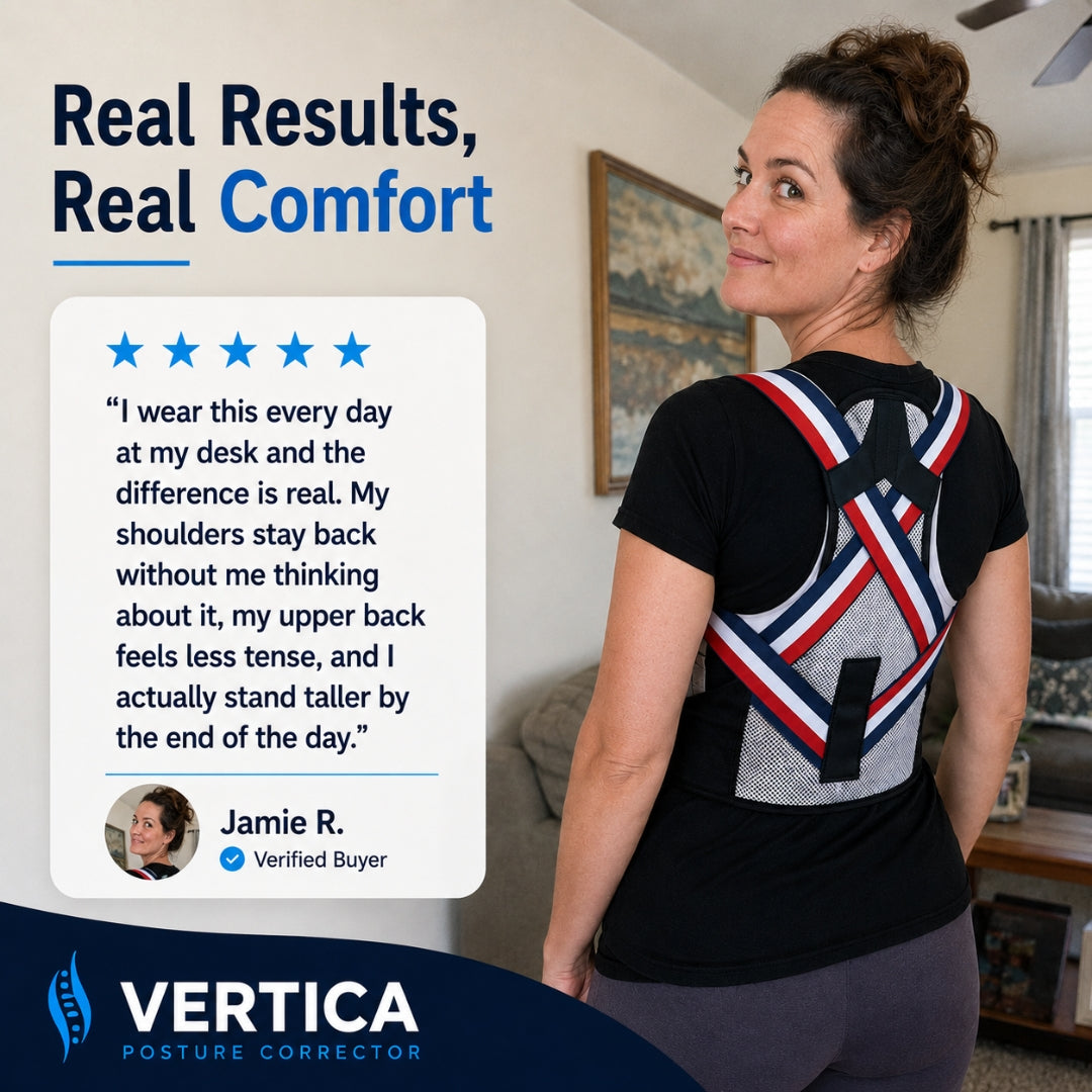 Verified buyer wearing the Vertica posture corrector at home, showing its adjustable cross-back design, breathable mesh and daily support for slouching.