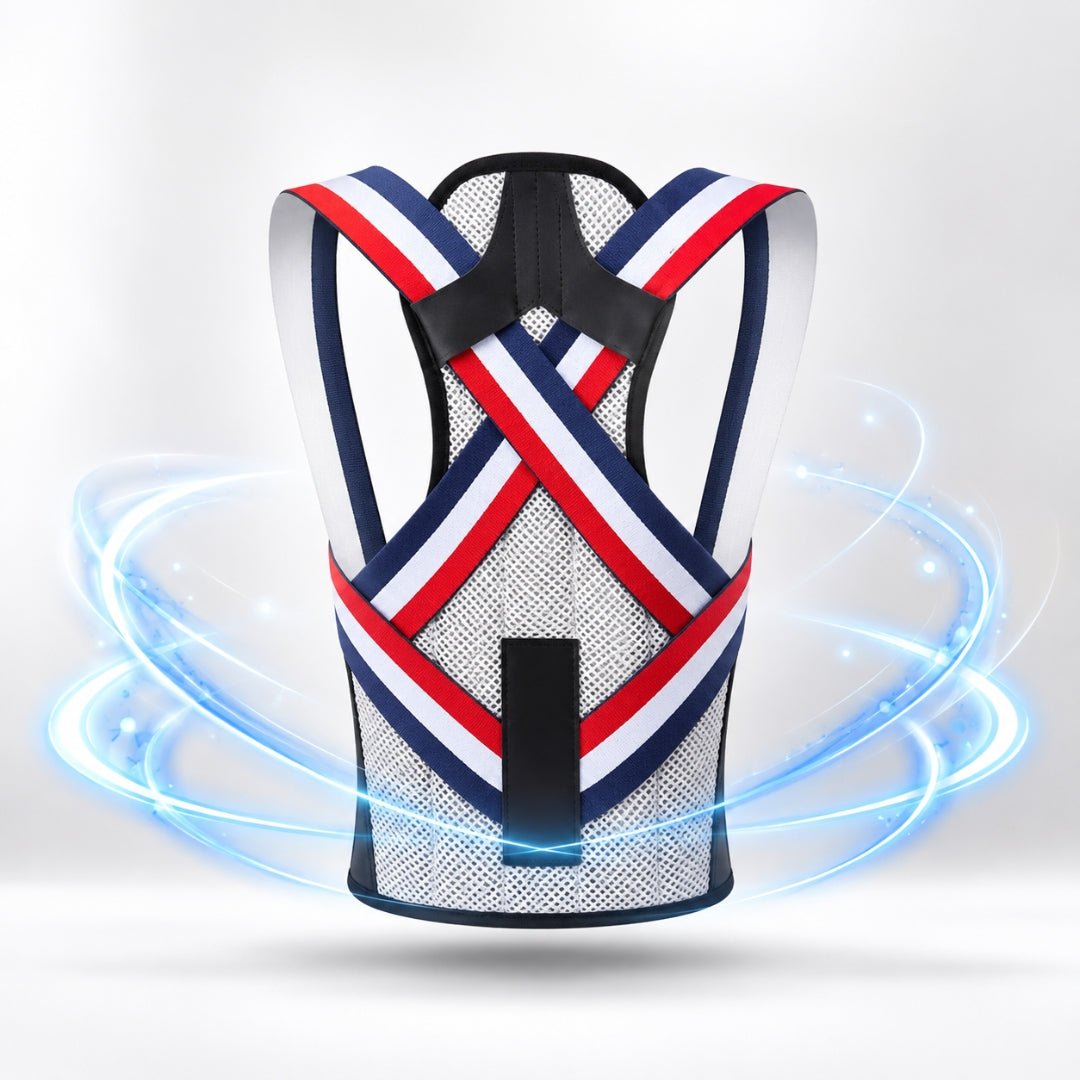Front view of the Vertica posture corrector featuring breathable mesh, adjustable red, white and blue straps, and structured back support for slouching.