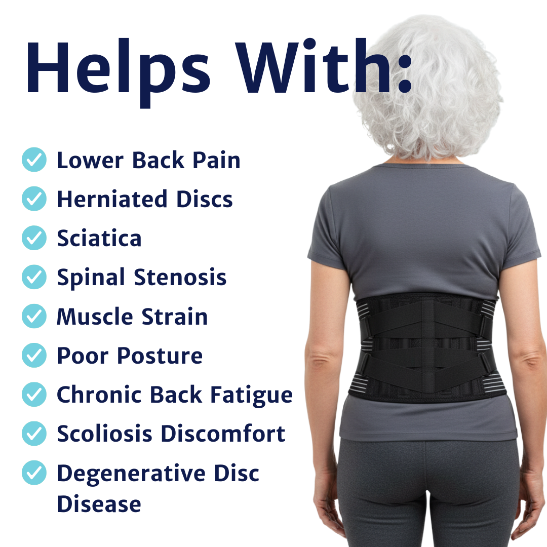 back support belt worn on an older adult shown from the back with condition list text