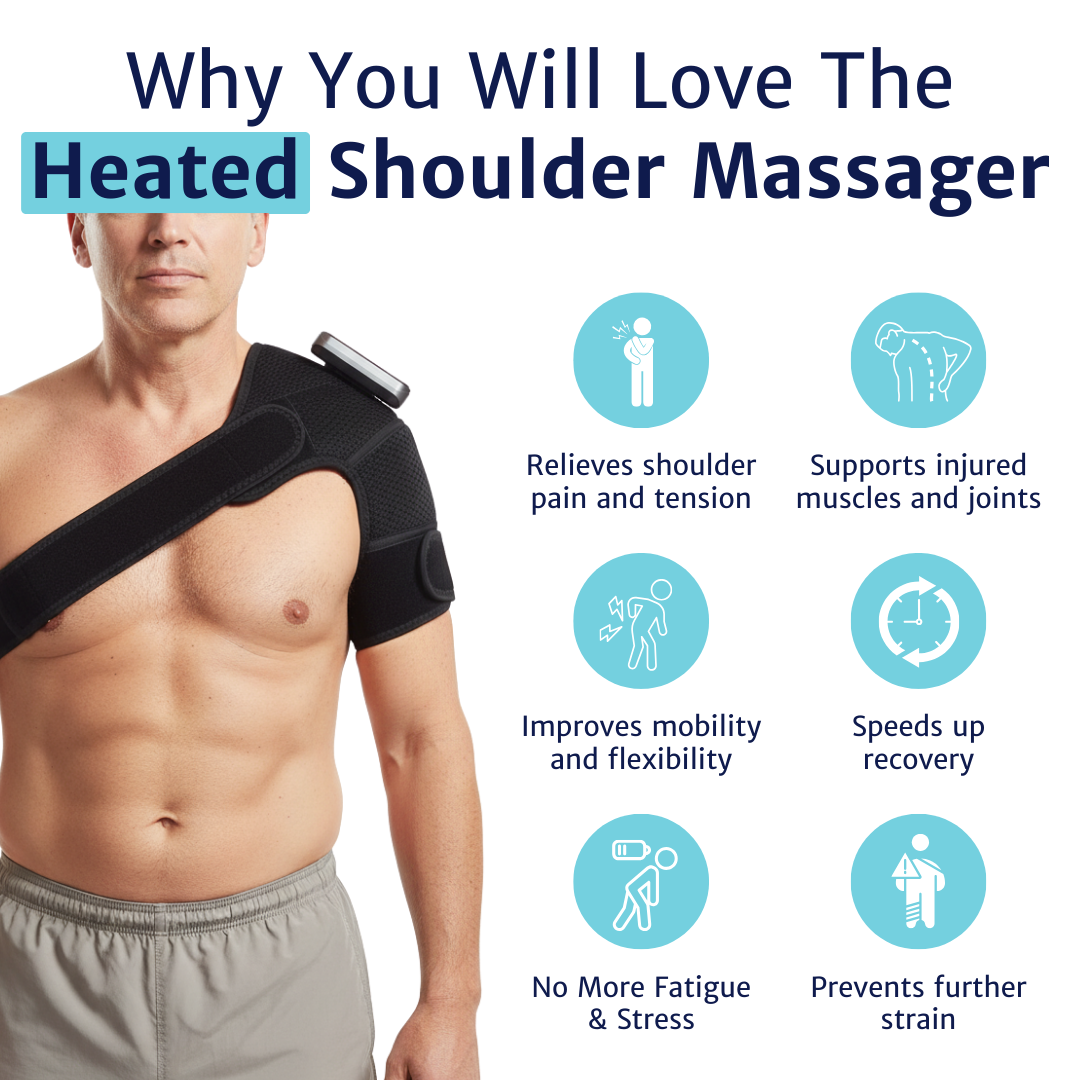 shoulder massager with heat shown from the front on a person wearing the wrap across the chest
