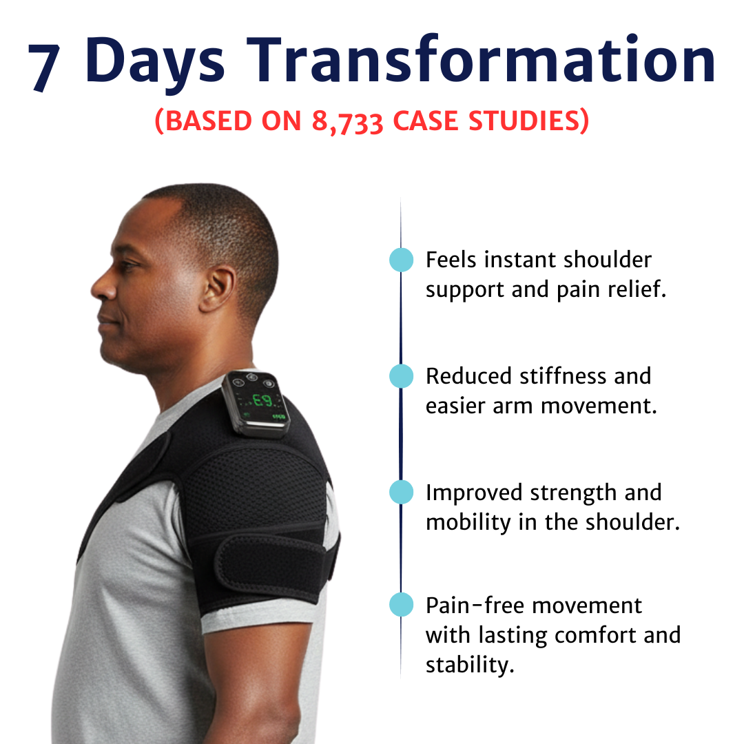 shoulder massager displayed from the side showing the wrap positioned over the shoulder and upper arm