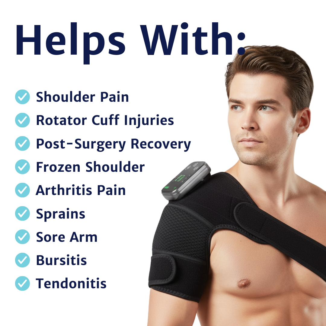 shoulder massager with heat fitted over the shoulder while a person stands facing forward