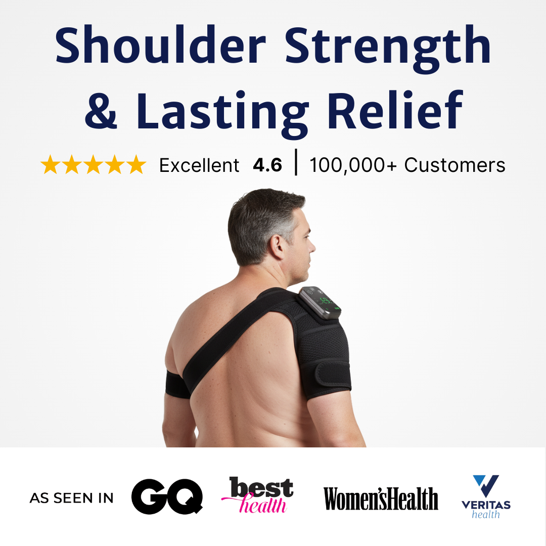 shoulder massager shown from the back highlighting strap placement across the shoulder