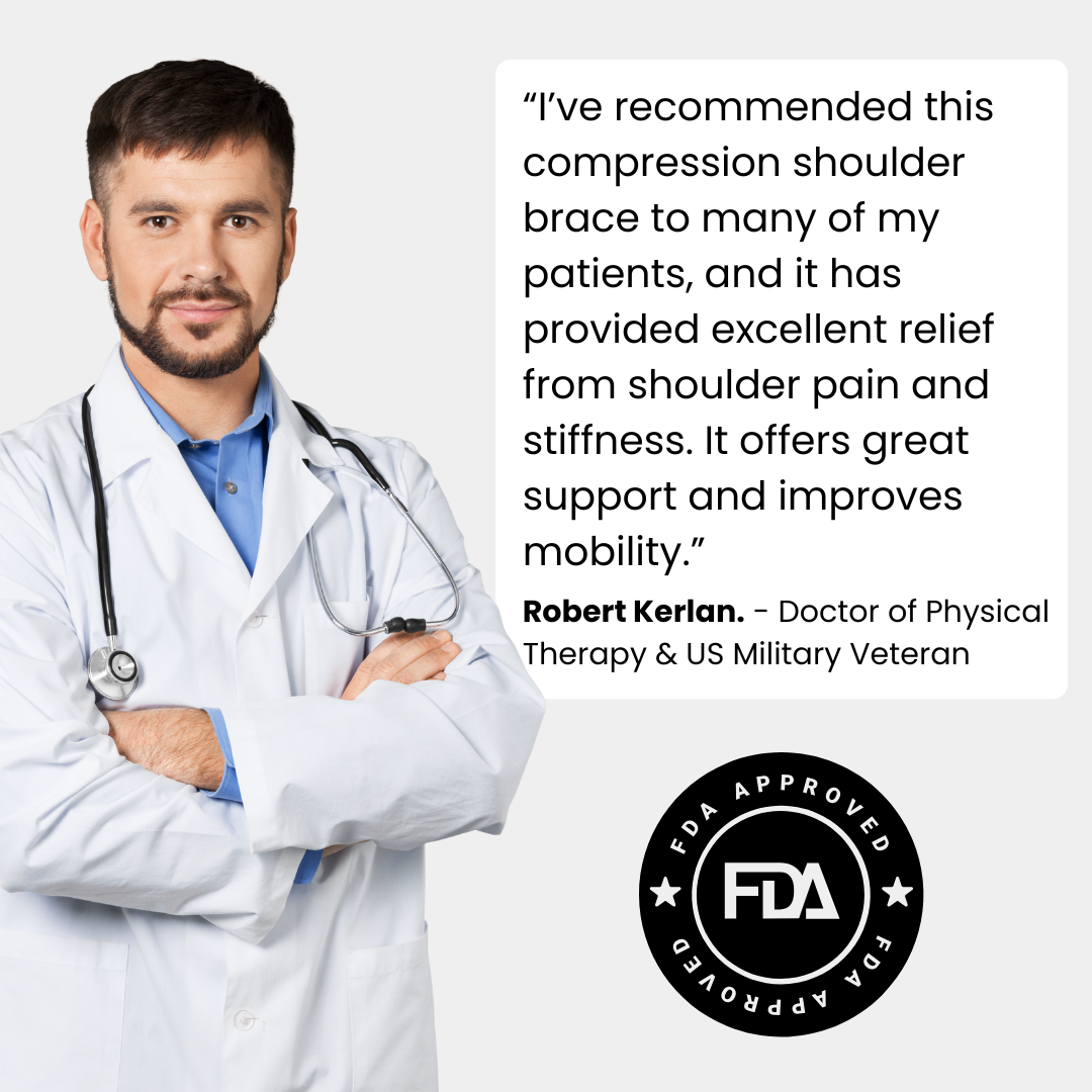 shoulder massager with heat pictured beside a medical professional in a studio setting