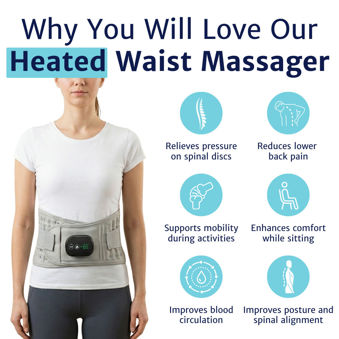 heated back massager worn on the waist by a standing woman shown from the front