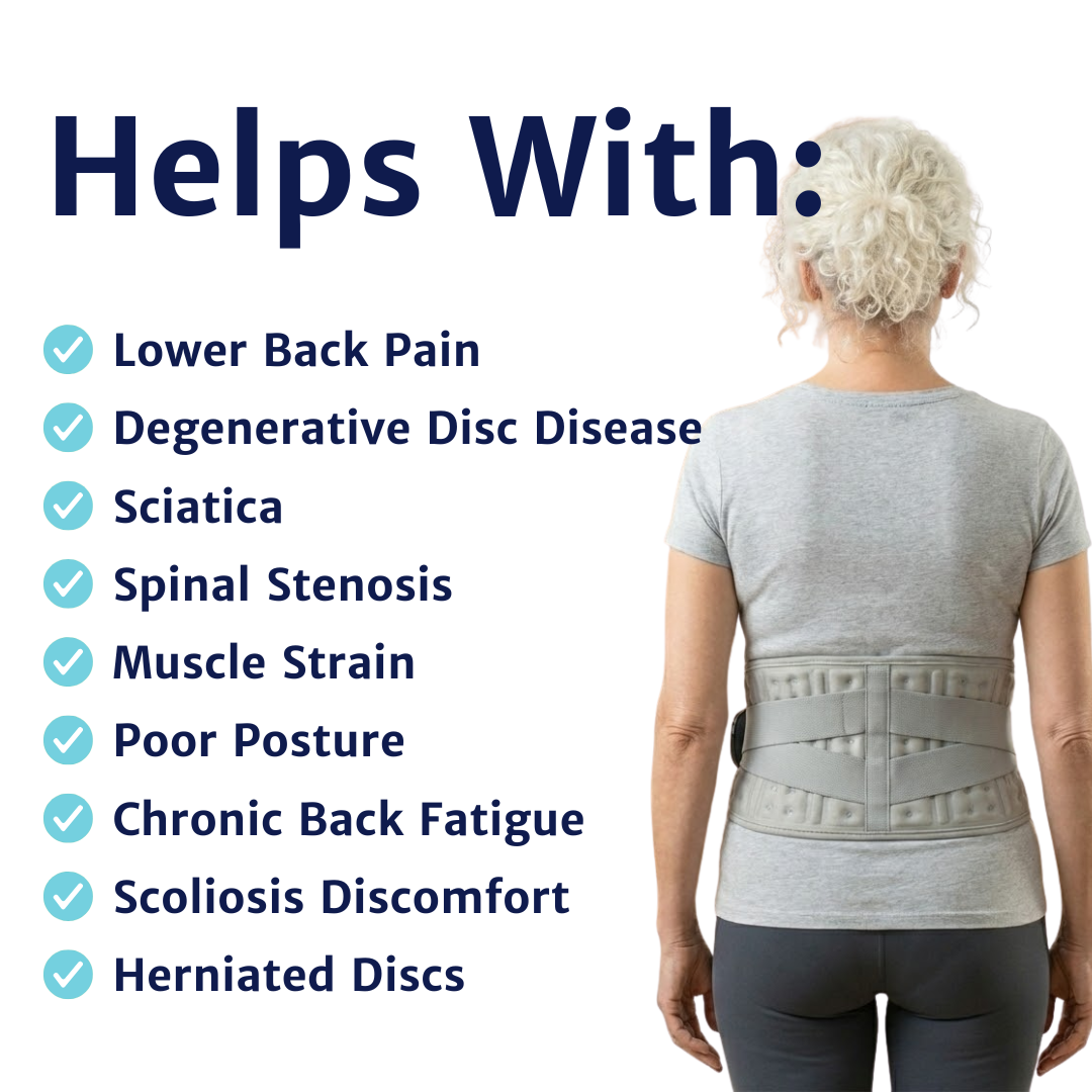 back massager worn on the lower back shown from the rear on a standing woman