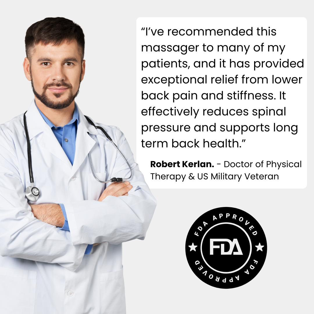 heated back massager shown beside a medical professional with a quoted statement graphic
