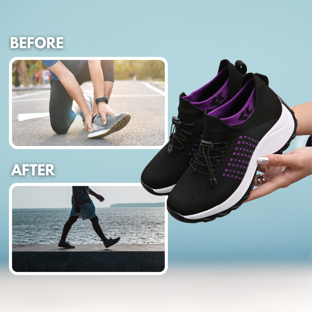 Before and after comparison showing pain relief and improved mobility with air cushion orthopedic shoes, lightweight and supportive orthopedic shoes for women seeking everyday comfort.