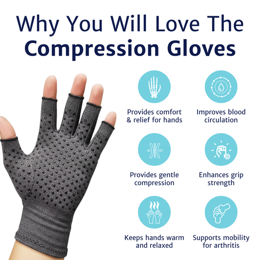 Fingerless arthritis compression glove with grip dots showing benefits including hand pain relief, improved circulation, gentle compression, and better grip strength.