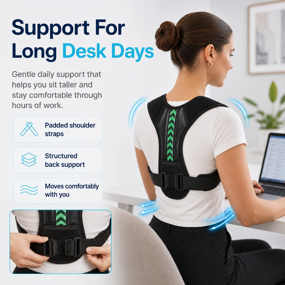 back brace for poor posture worn by a seated woman at a desk with an inset showing the rear strap adjustment