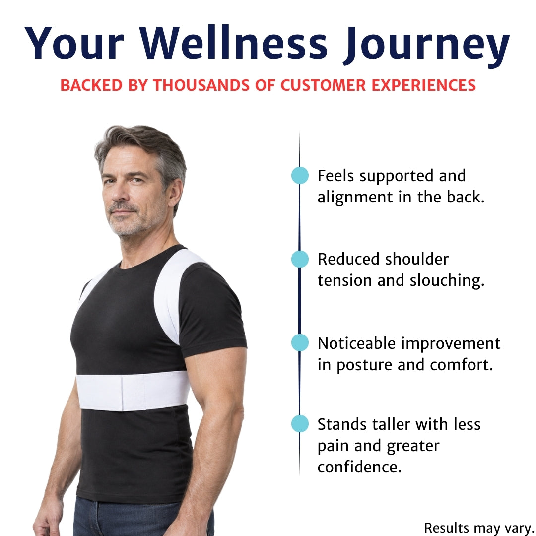 back brace for poor posture worn by a man in a front three quarter view beside a wellness journey timeline