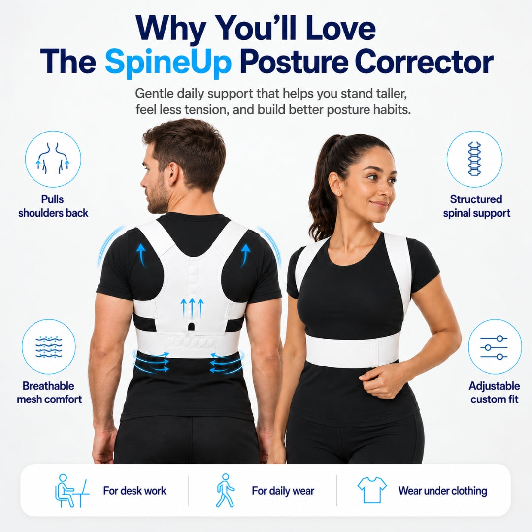 back brace for posture worn by two models in front and back views with adjustable straps and support band