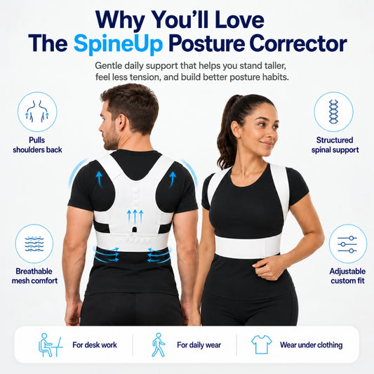 back brace for posture worn by two models in front and back views with adjustable straps and support band