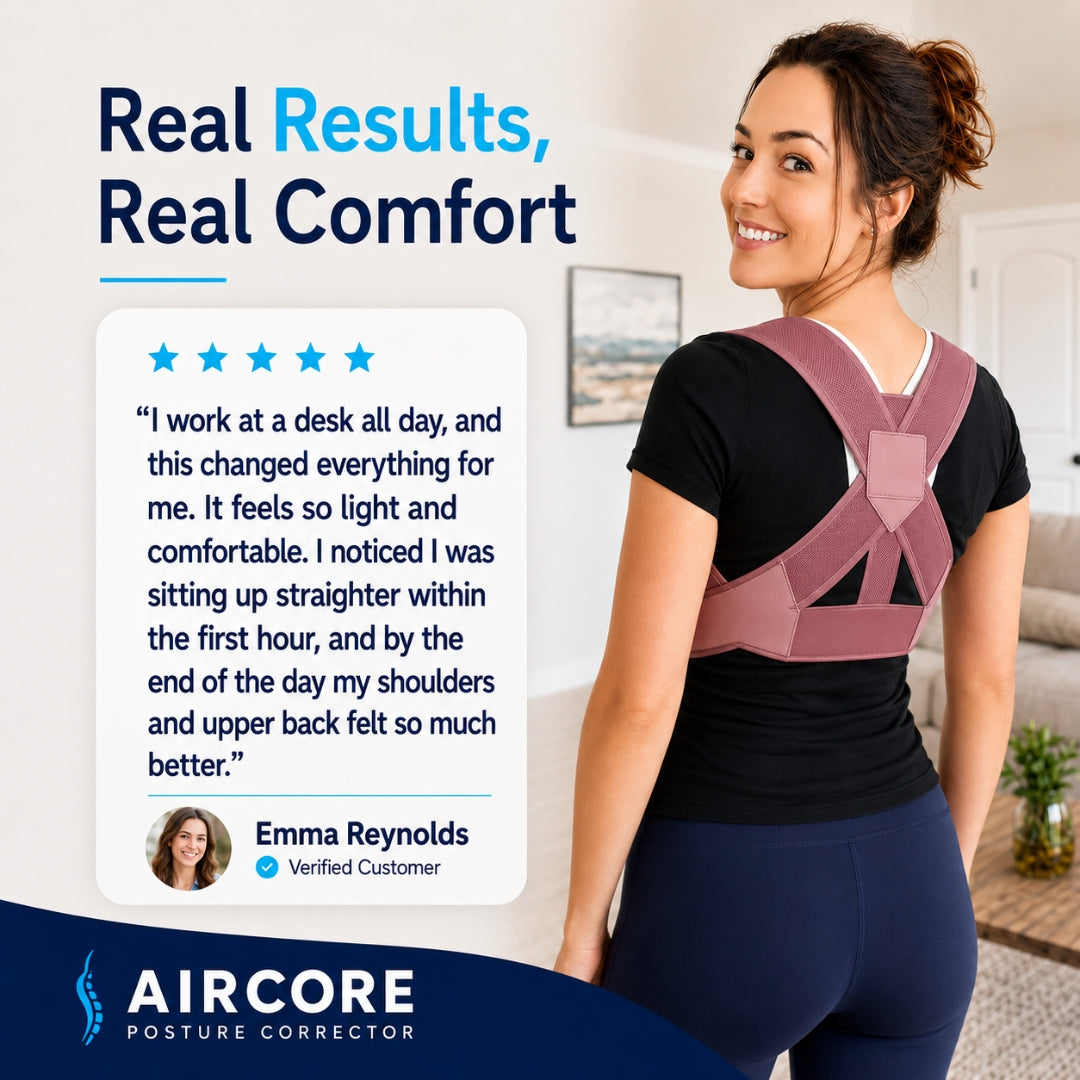 back brace for posture worn by a woman from the rear with pink crossed straps beside a customer review panel